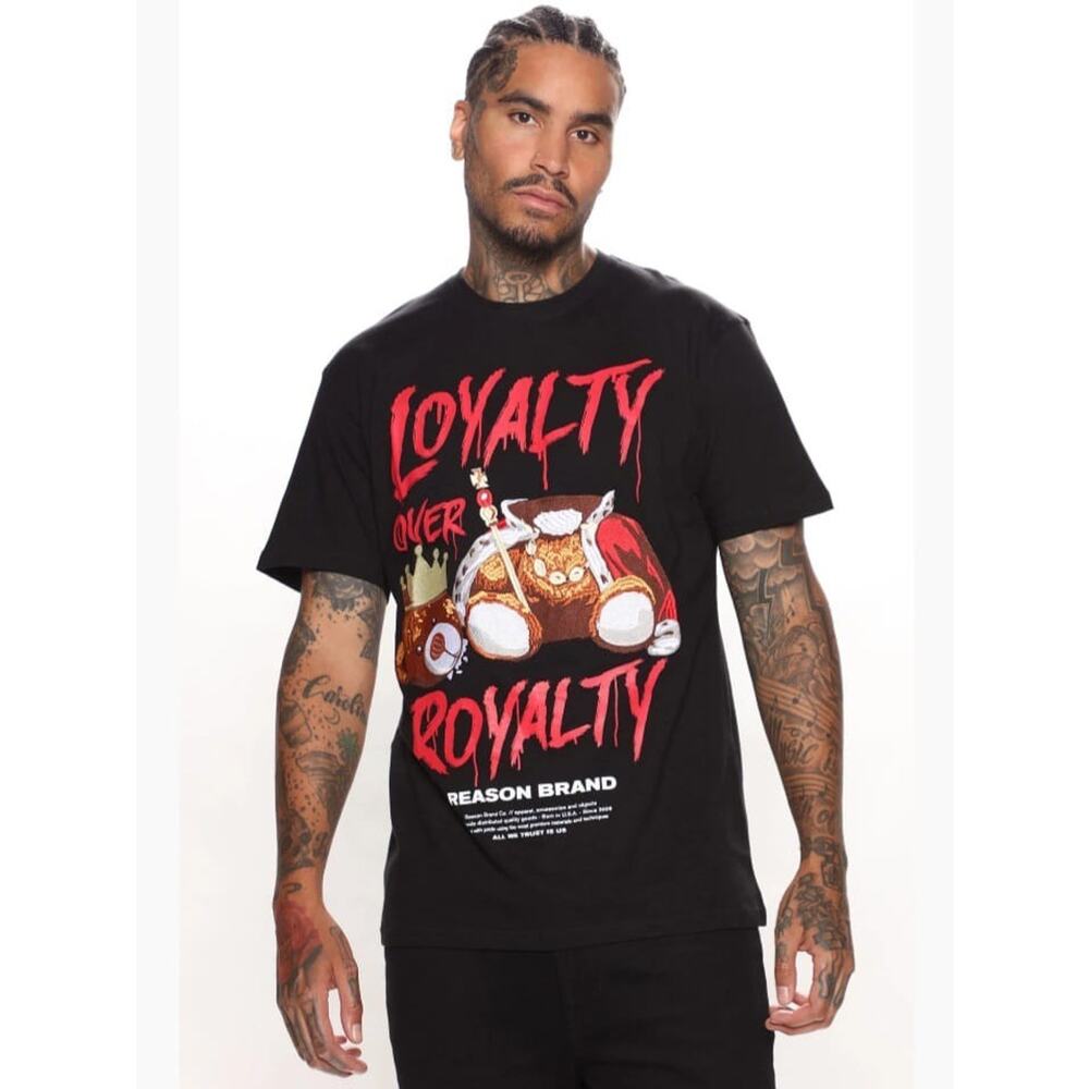 Reason Brand Mens T-Shirt Bear "Loyality Over Royality" BLACK Size Small NWOT